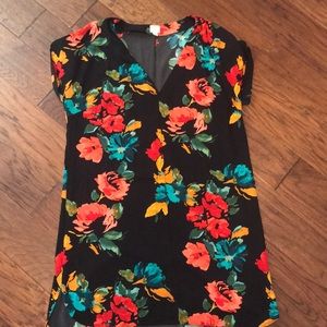Black floral sheath dress.